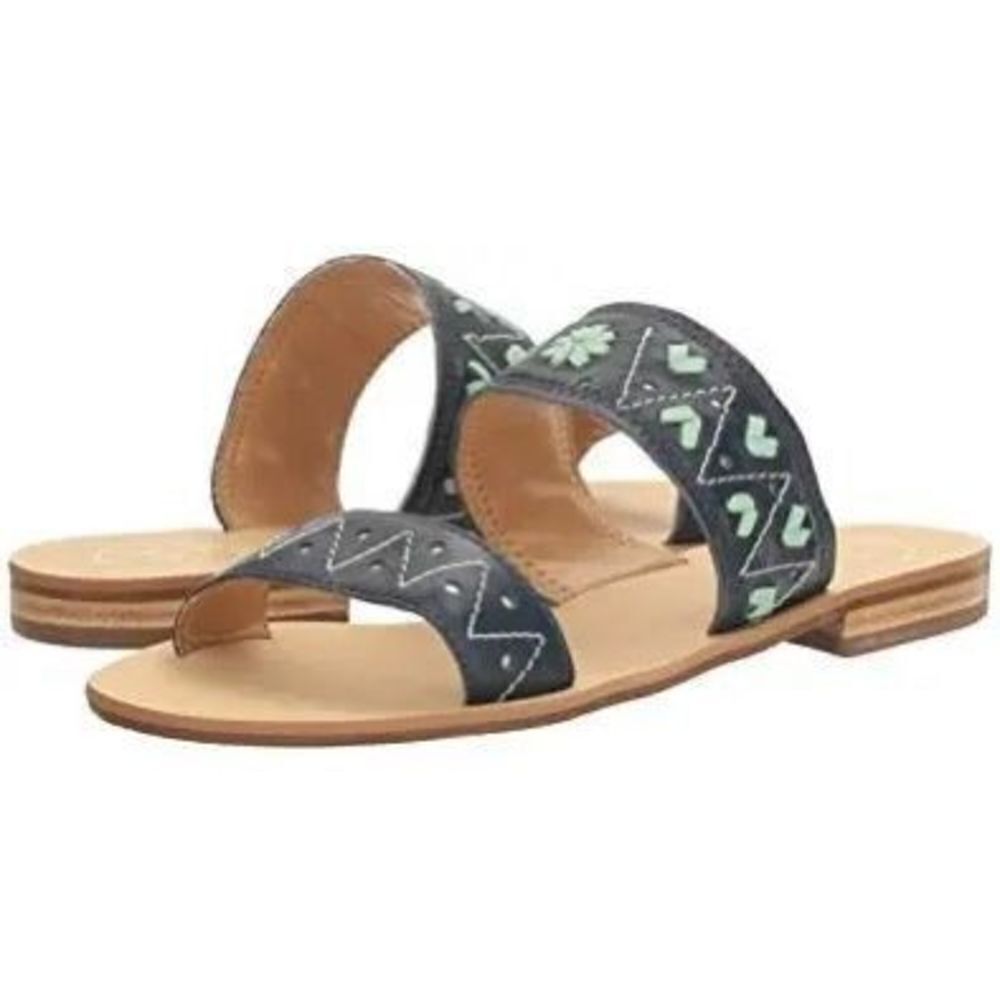 Jack Rogers Adair Two Strap Leather Slide Navy and Mint Leather Sandals Size‎ 11